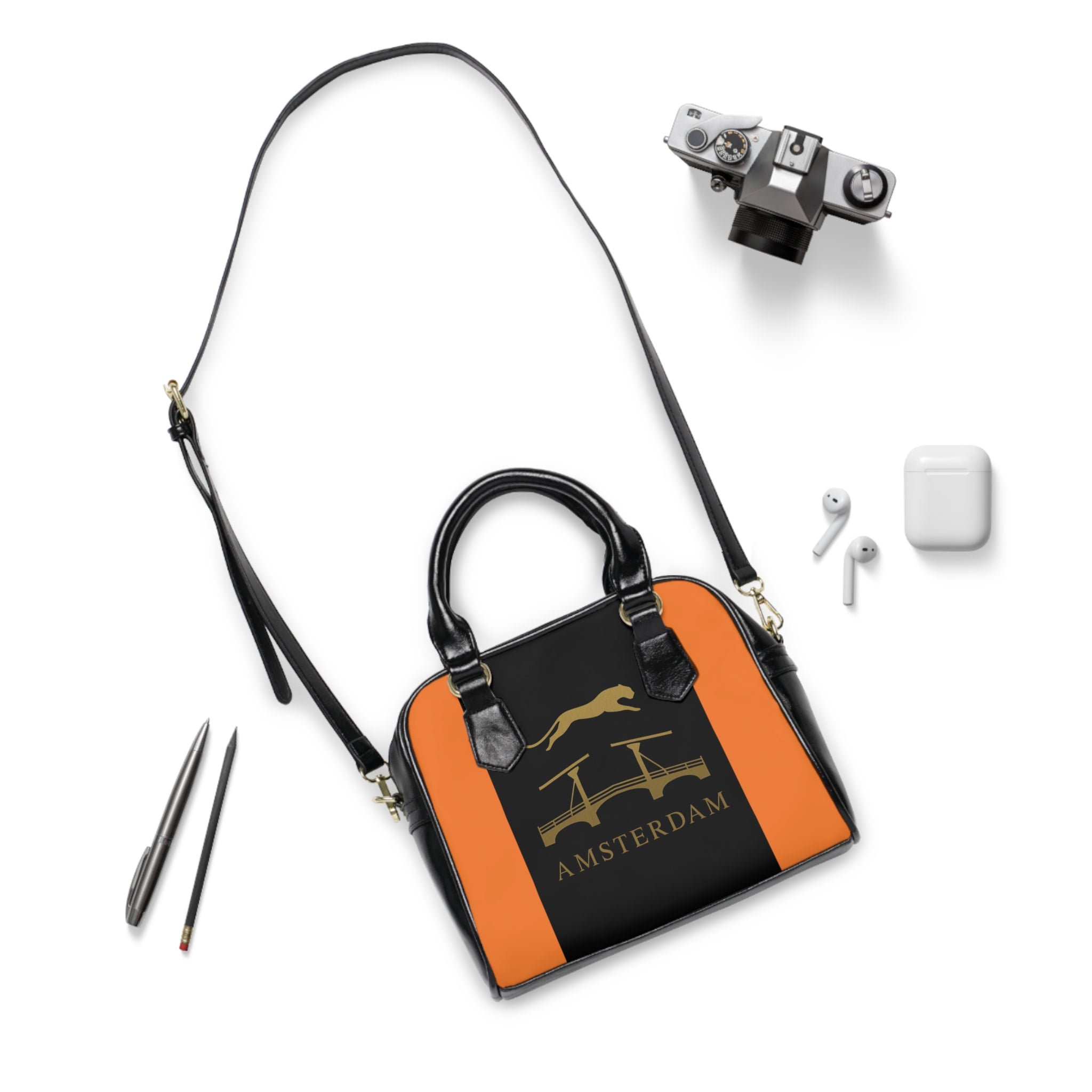 Amsterdam Bridge Tote Handbag — Orange & Black Cityscape Design