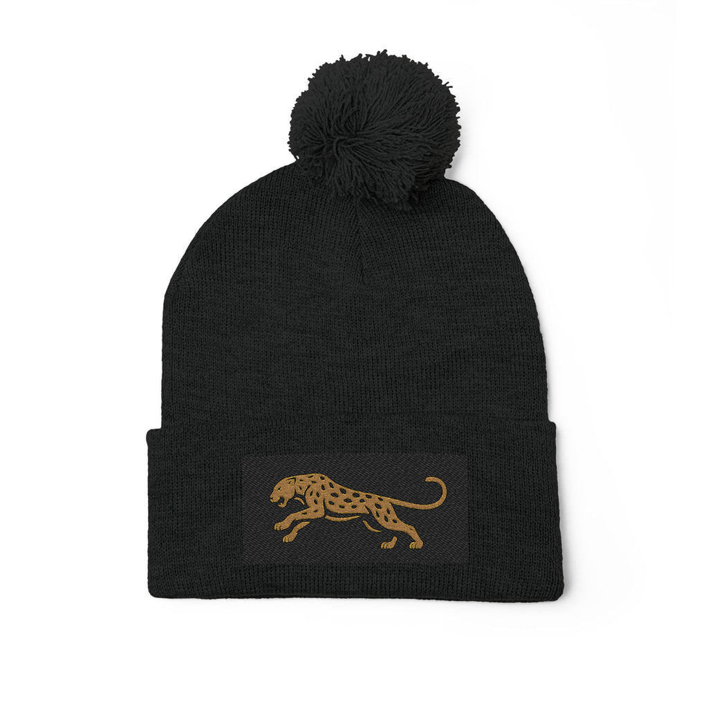 Embroidered Leopard Pom-Pom Knit Cap — Cozy Winter Beanie