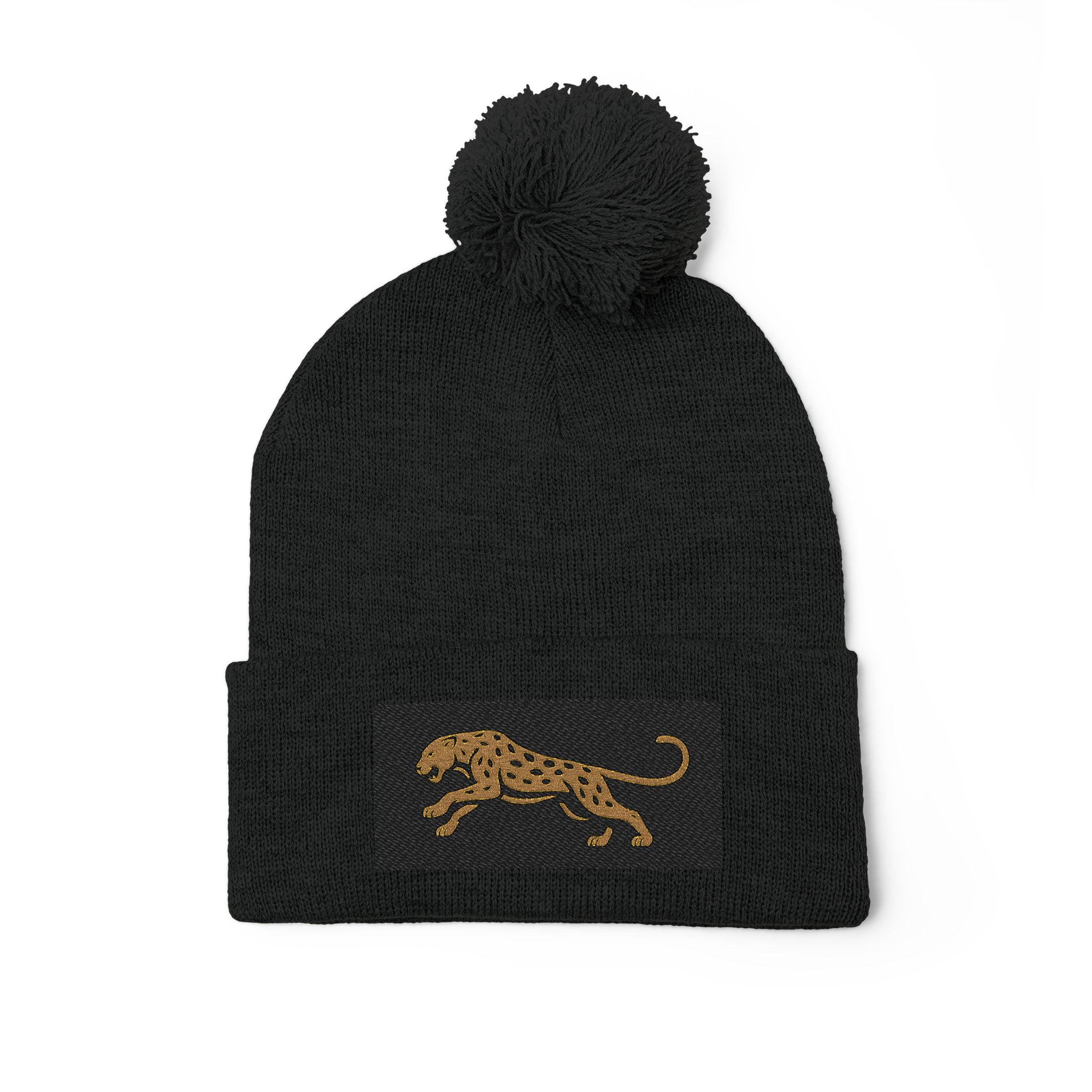 Embroidered Leopard Pom-Pom Knit Cap — Cozy Winter Beanie