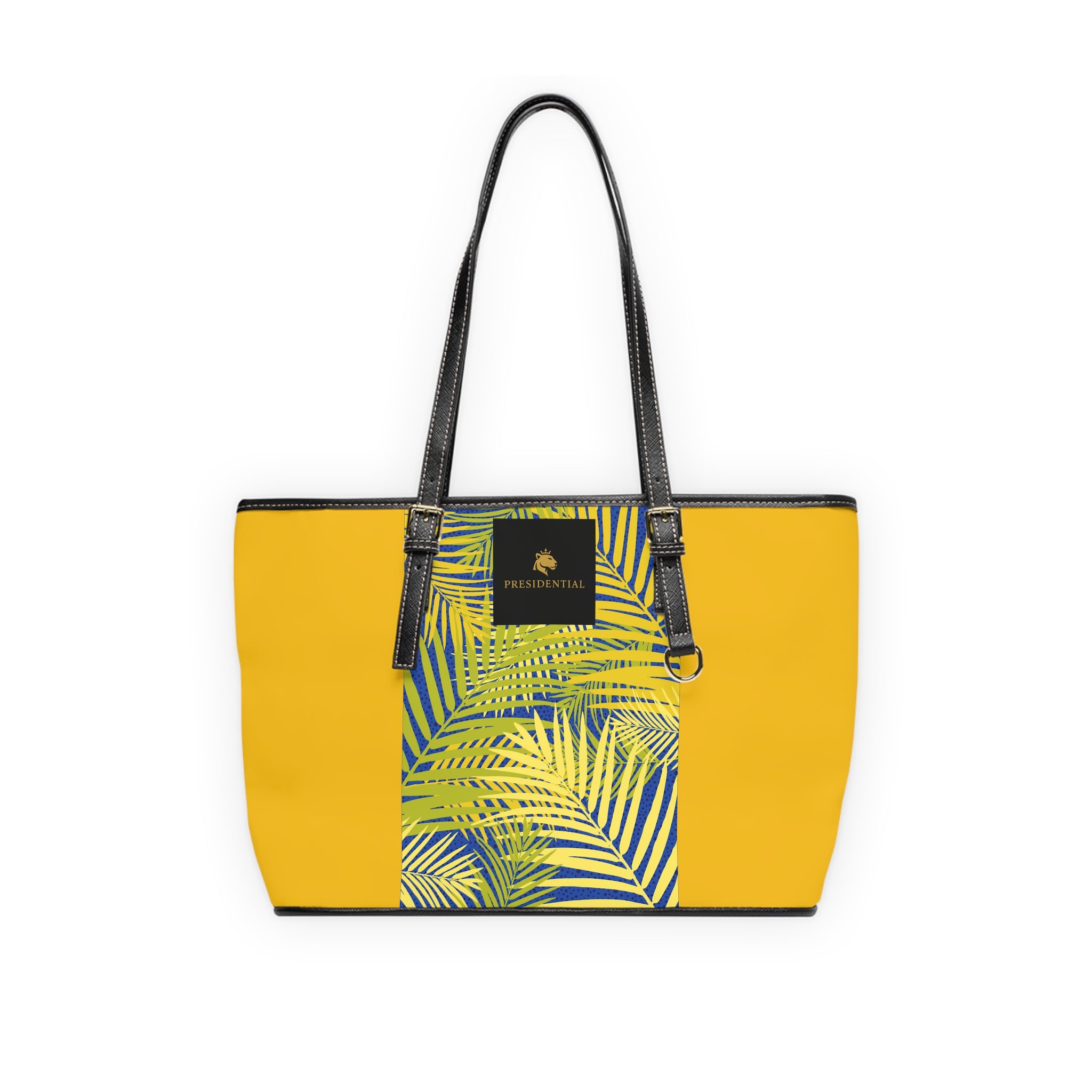 Tropical Palm Print PU Leather Shoulder Bag – Yellow Tote with Leaf Accent
